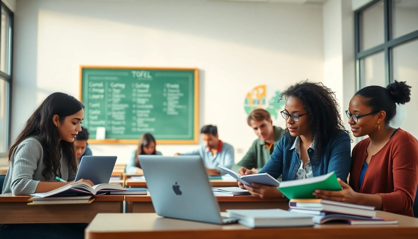 Engaged toefl test takers for hire collaborating in a bright, modern classroom.