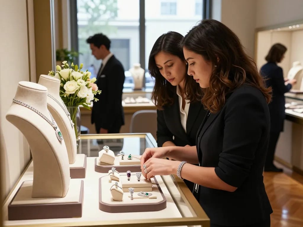 Jewelry display featuring elegant pieces and attentive service in a luxury store setting.