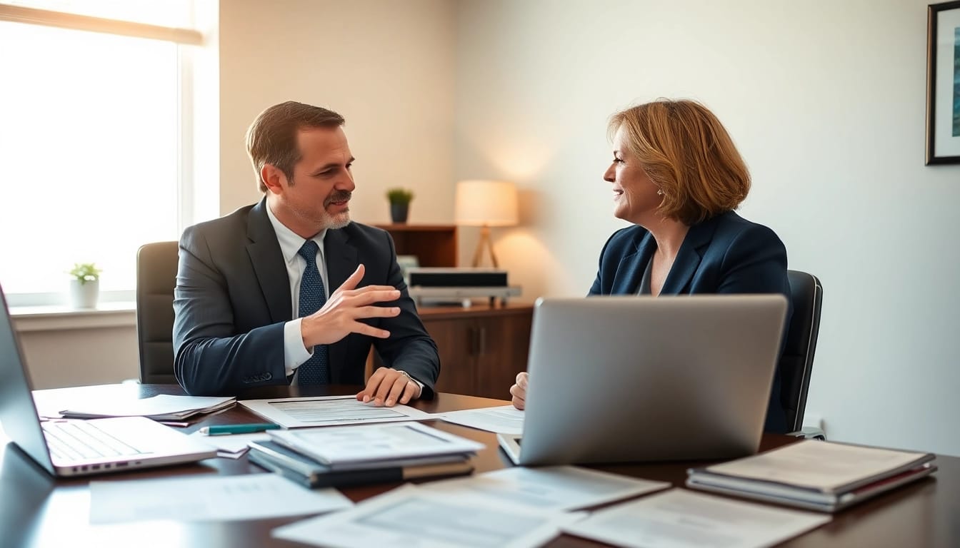 Truck accident attorney Clearwater consulting with a client in a bright, inviting office.