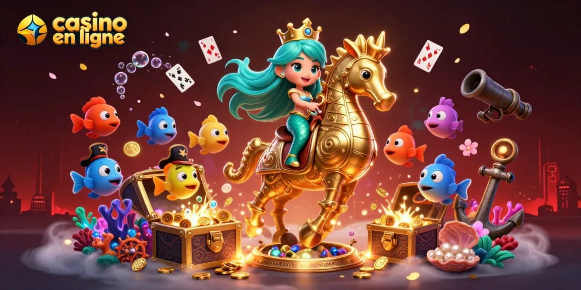 Illustration captivante pour casino en ligne avec une sirène, un hippocampe doré et des poissons pirates.