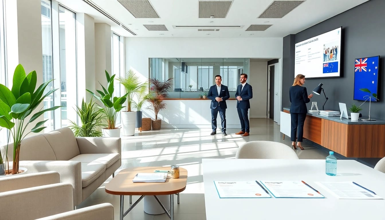 Migration agent Melbourne assisting clients in a modern office.