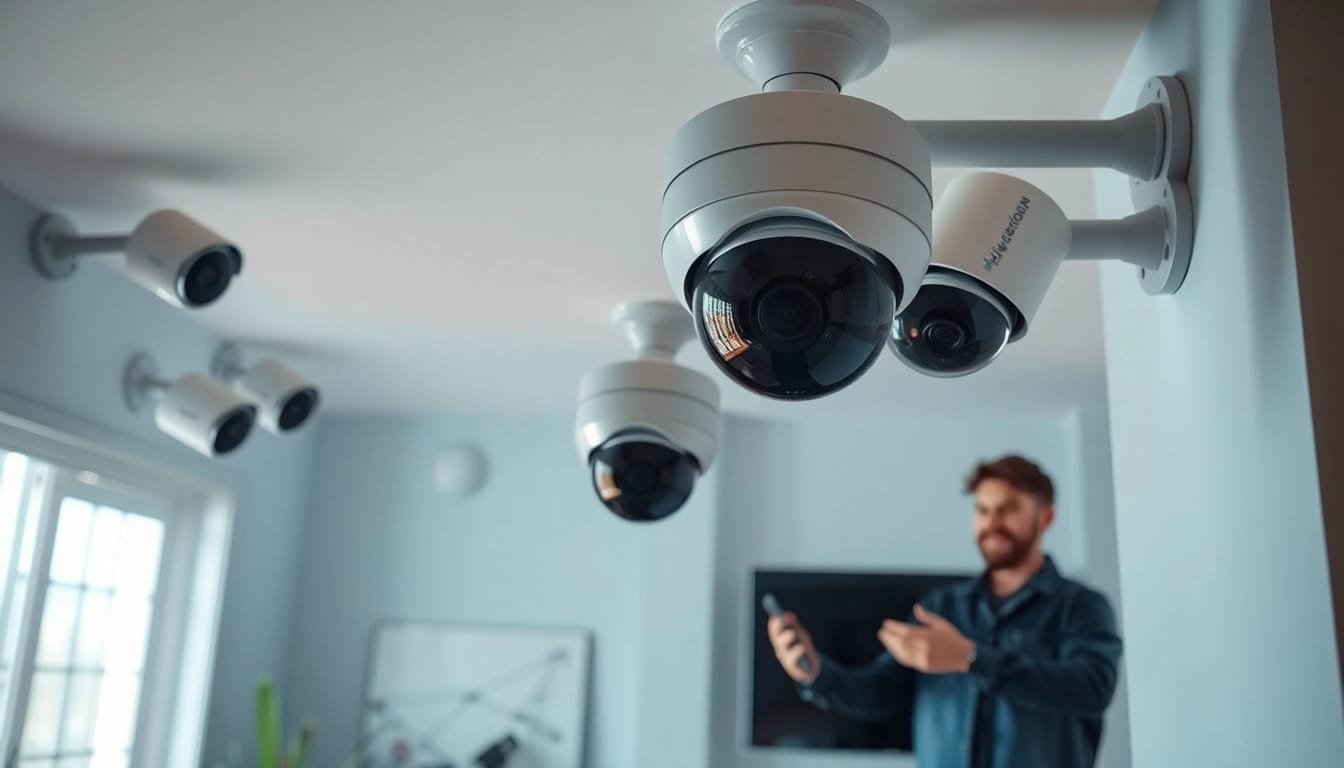 Cámaras Hikvision instalándose en una casa moderna, mostrando diseño innovador y tecnología de seguridad.