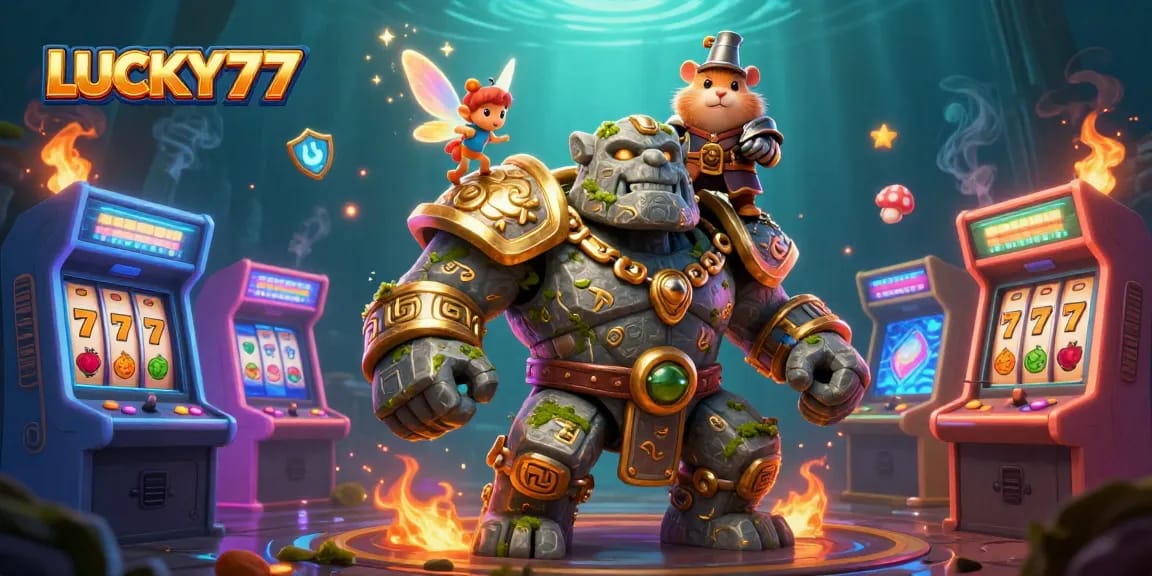 Engage in fun with LUCKY77's vibrant casino adventure featuring a golem, fairy, and hamster knight.