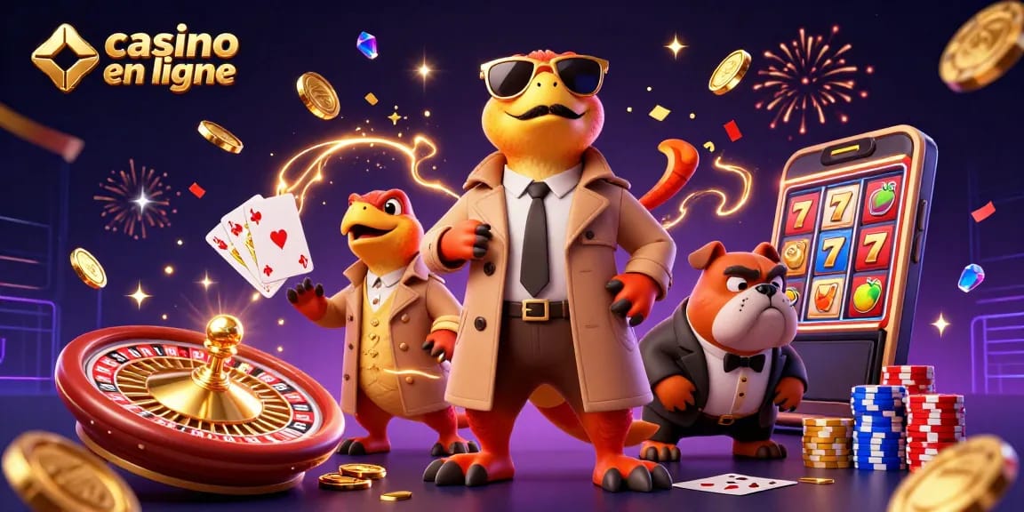 Les raptors déguisés en humain entrent dans un casino en ligne, attirés par les pièces et les jeux.