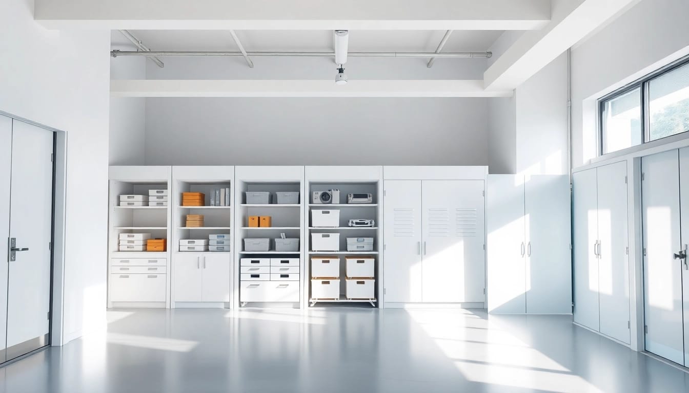 Discover organized self storage units in a spacious, well-lit facility, emphasizing efficiency.