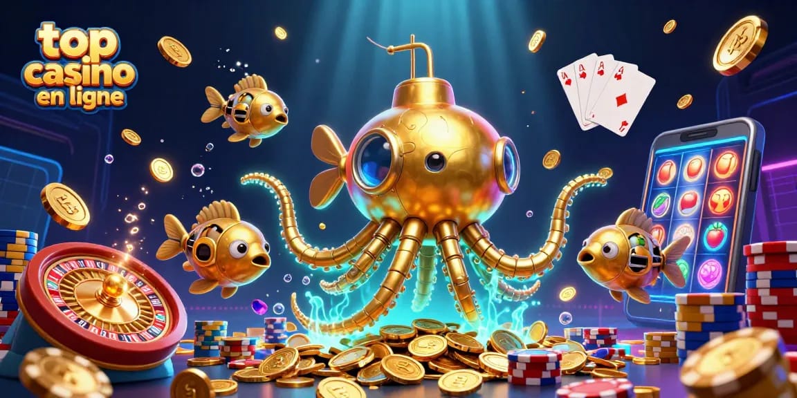 Plongez dans l'univers du top casino en ligne avec un kraken doré et des pièces volantes.