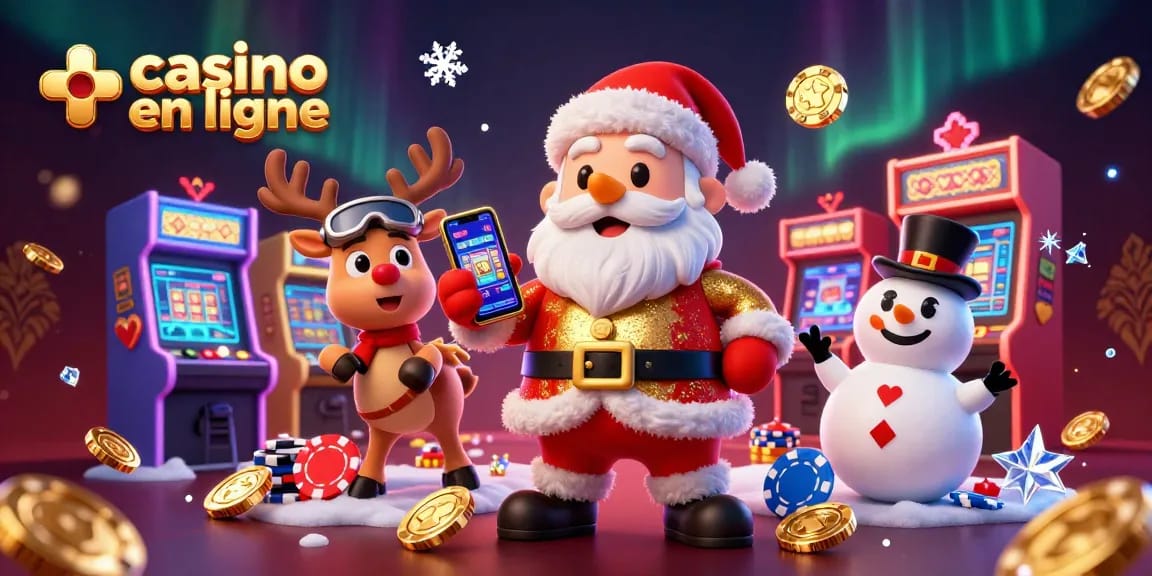 Plongez dans l'univers du casino en ligne avec un Santa Claus 3D, un renne et un bonhomme de neige dans un décor festif.
