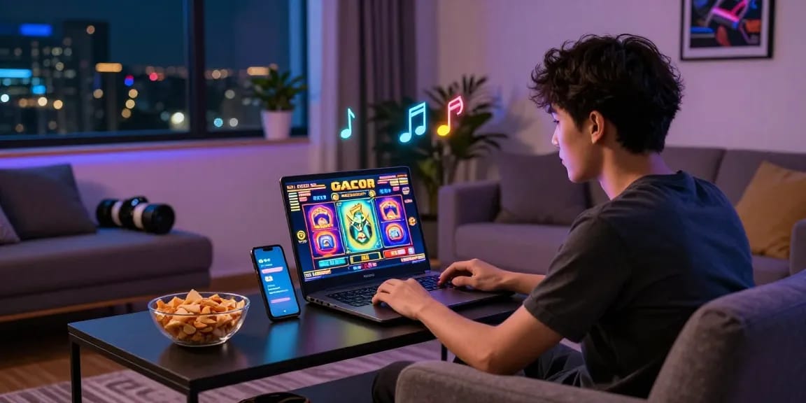 Excited player experiencing slot gacor game in a vibrant home gaming setup at night, showcasing engaging graphics.