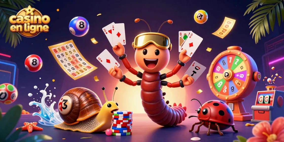 Gagnez avec casino en ligne en profitant d'une illustration dynamique de jeux de loterie et de cartes.