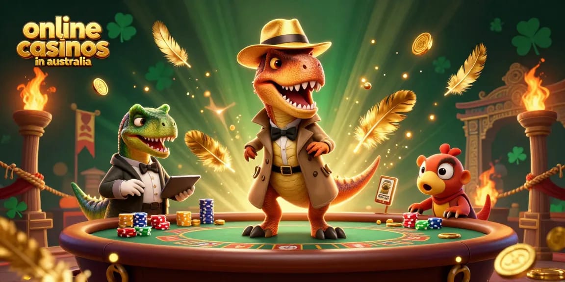 Engage with online casinos in australia as cartoon dinosaurs enjoy blackjack, showcasing fun gaming action.
