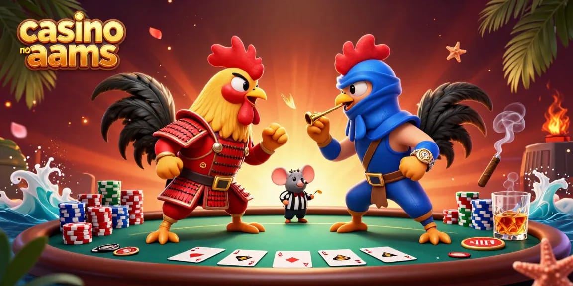 Gioca nei casino non AAMS con esultanza mentre galli combattono in un'illustrazione vivace.