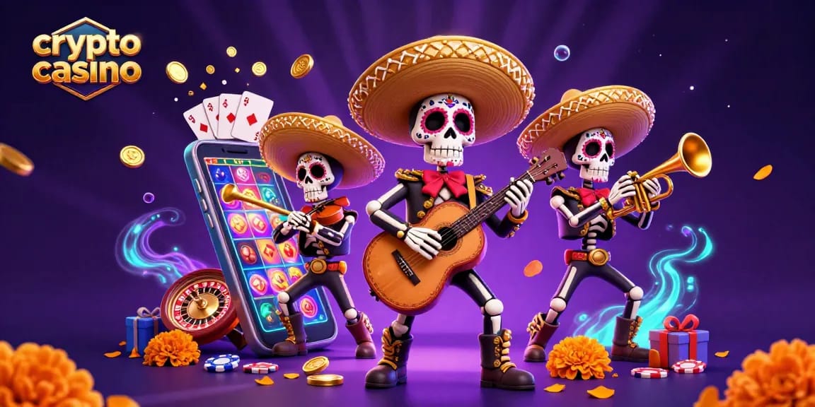 Illustration animée de mariachi en célébration dans un crypto casino, avec jeu de machines à sous et effets lumineux.