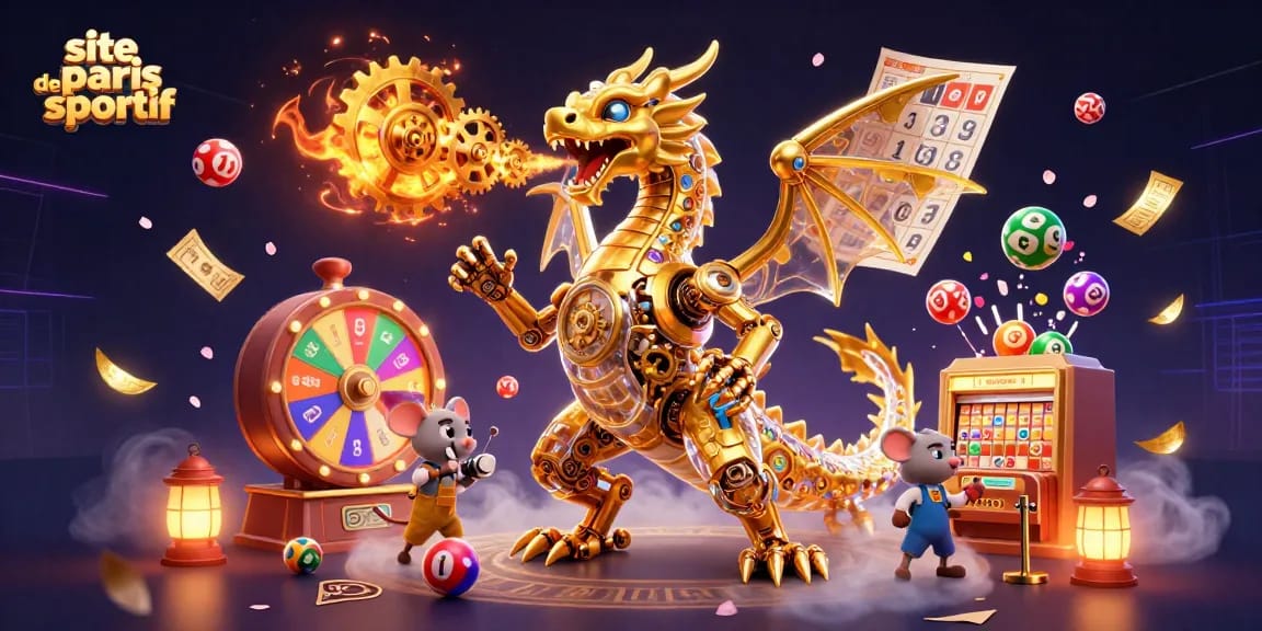 Pariez sur un site de paris sportif avec un dragon doré dynamique et des éléments de loterie animés.