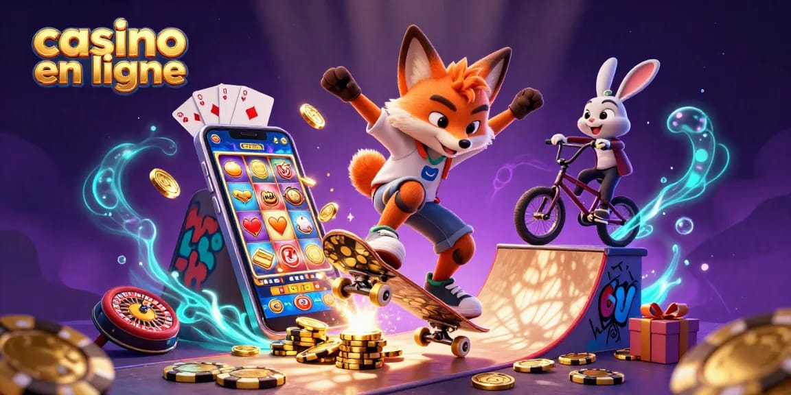 Illustration dynamique de casino en ligne avec un renard skateboardeur et un lapin BMX rencontrant des symboles de jeu.