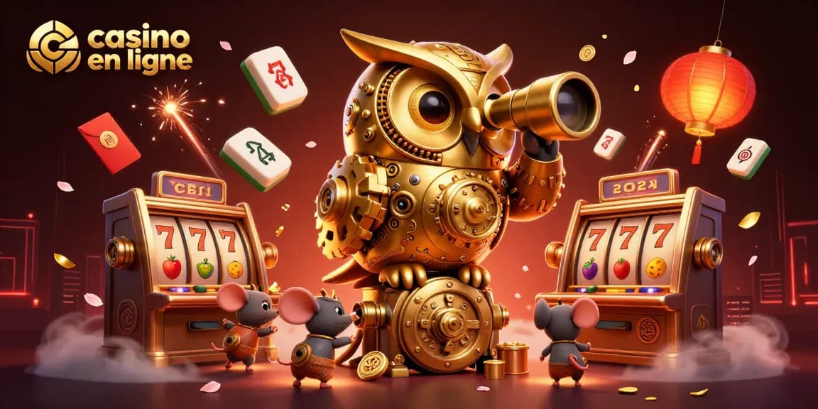 Une scène de casino en ligne avec une chouette dorée, des machines à sous et des pièces de jade.
