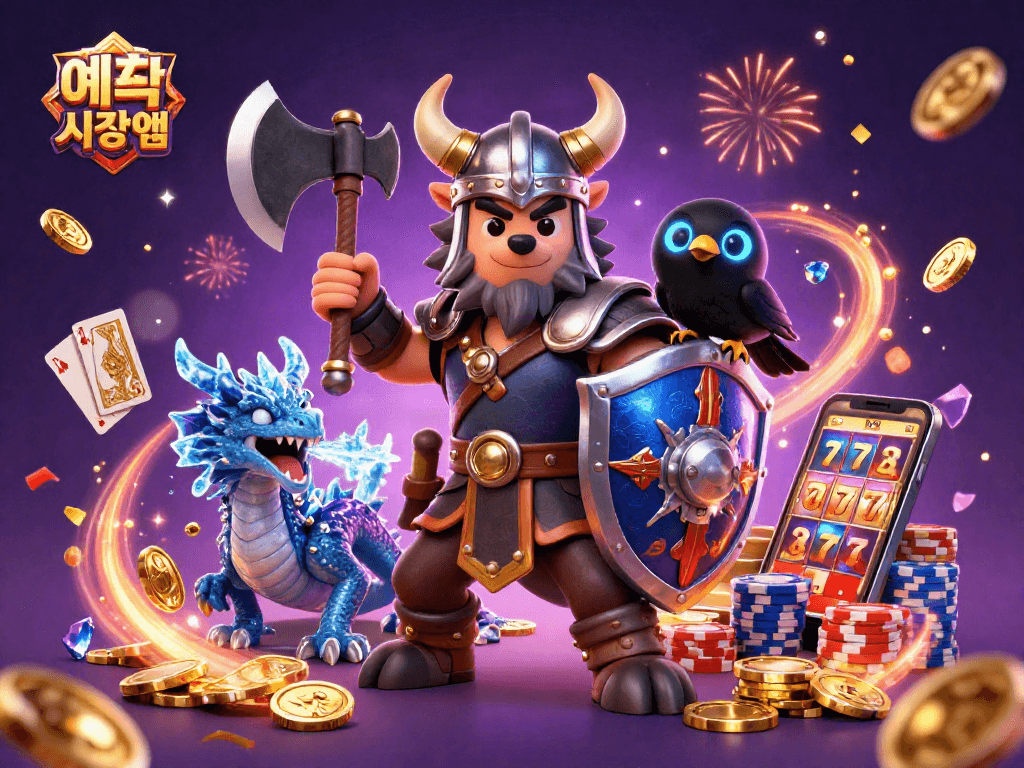 Engage with 예측 시장 앱 showcasing a Viking wolf warrior and dragon in a vibrant casino scene