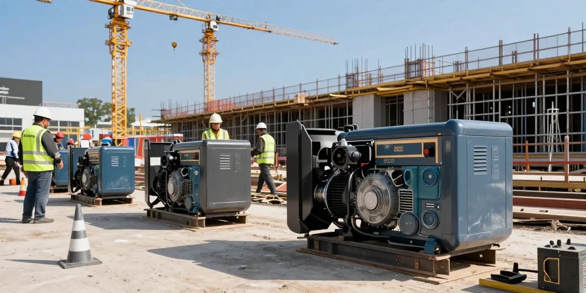 Diesel generator powering construction tools at a busy site.