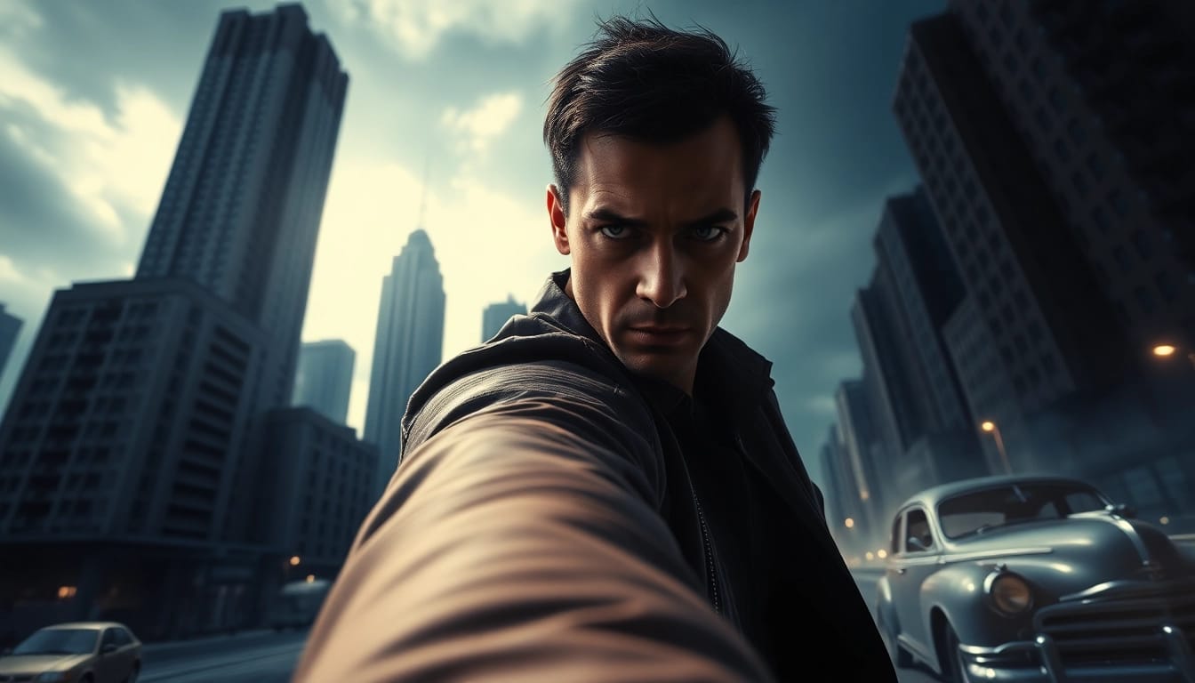 Exploring intense scenes similar to reacher series with a heroic protagonist in a dramatic urban setting.