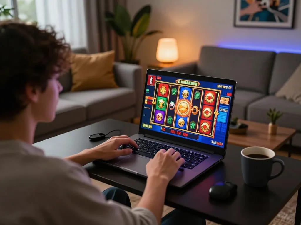 Engaging slot gameplay on a laptop in a cozy home setting with vibrant graphics.