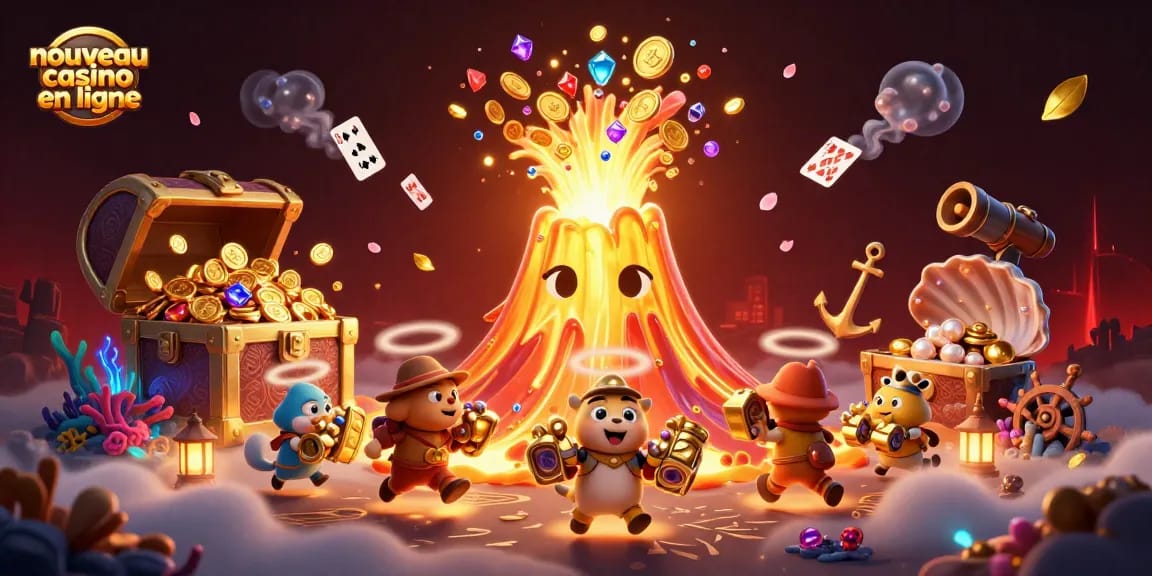 Scénario vibrant d'un nouveau casino en ligne avec un volcan doré et une abondance de trésors