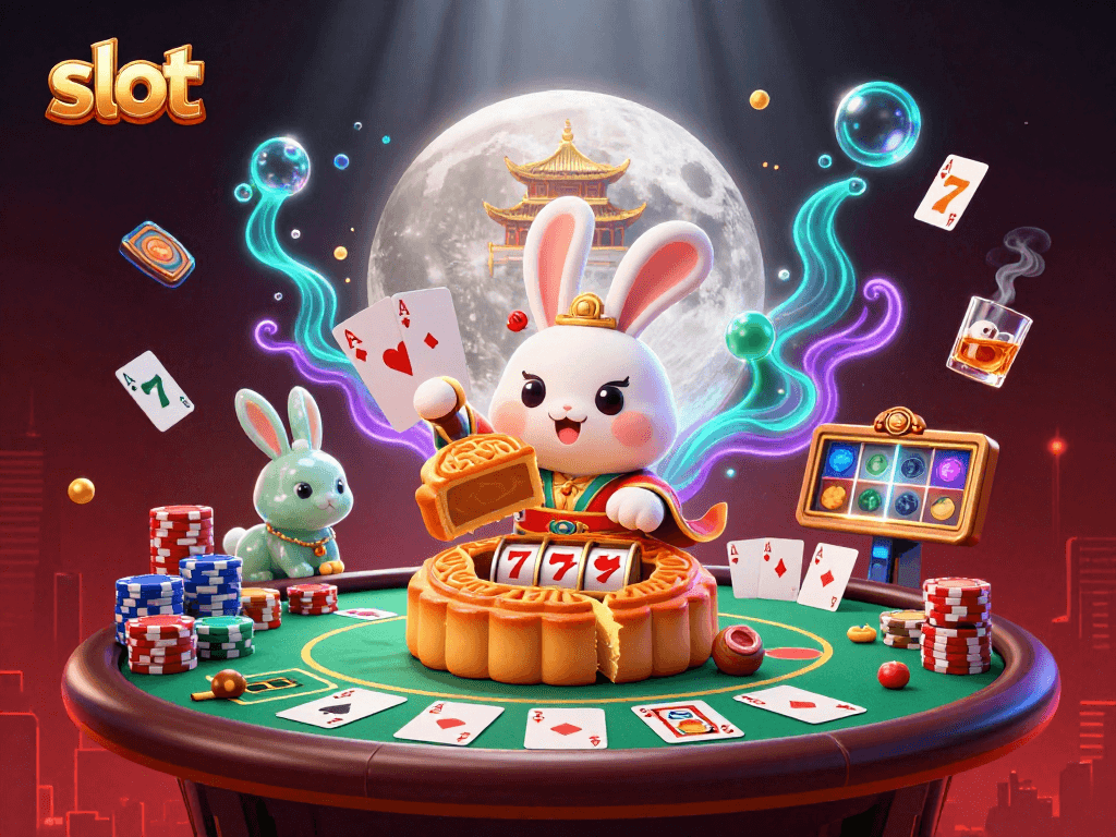 Engage in thrilling slot gameplay with a whimsical moon rabbit scene full of vibrant casino elements.