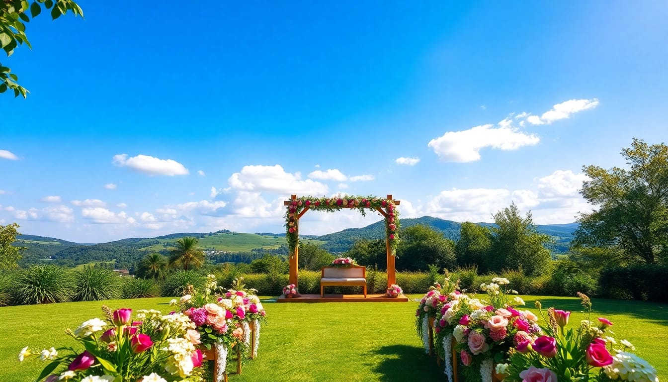 Beautiful weddings venue showcasing a decorated altar amidst green scenery with floral accents.