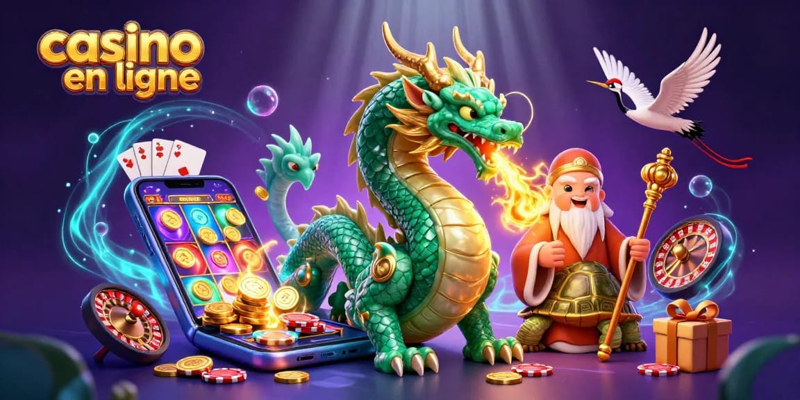 Casino en ligne : illustration dynamique avec dragon, sage et grues chanceuses.