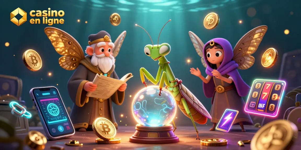 Jouez aux jeux de casino en ligne avec une illustration fascinante de personnages interactifs et des éléments cryptographiques en arrière-plan.