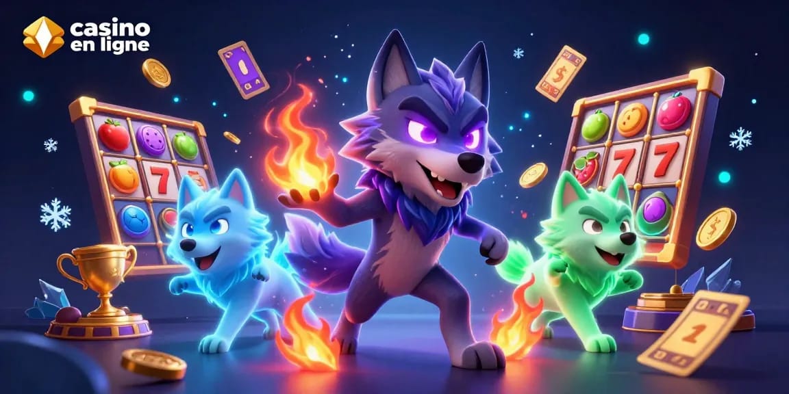 Illustration dynamique de casino en ligne avec un loup et des éléments de jeux de société flottants.