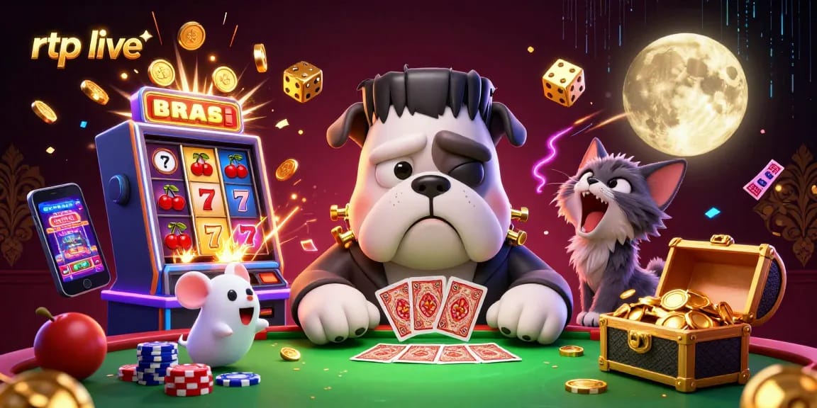 Experience thrilling gameplay with rtp live as a cartoon bulldog deals cards at a haunted casino table.