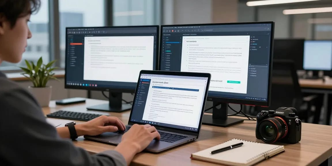Detect PDF fraud with advanced AI technology in a modern office setting, showcasing high-tech verification tools.