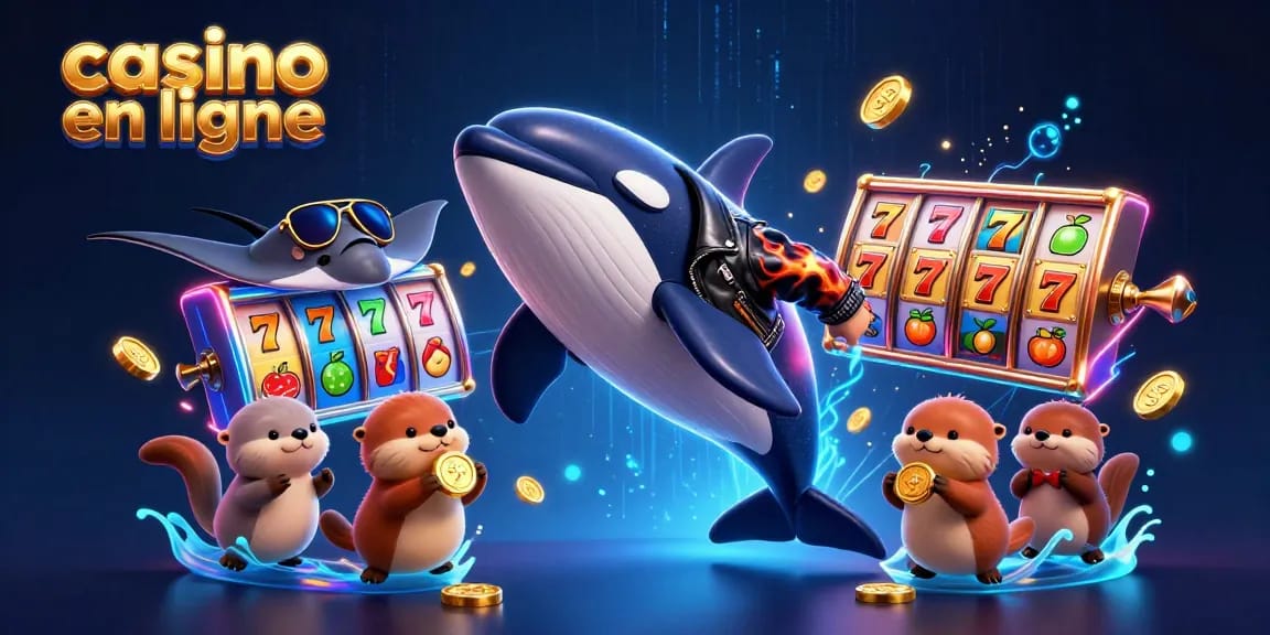 Jouez au casino en ligne avec des tons vifs où une baleine orque fait un saut avec des pièces d'or flottantes.