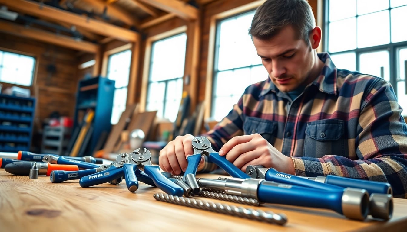Fachmann, der Irwin Werkzeuge in einer Werkstatt verwendet und dabei Zuverlässigkeit und Innovation hervorhebt.