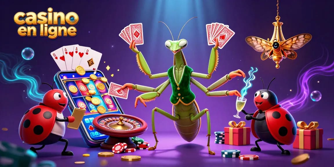 Vivez l'excitation d'un casino en ligne avec un caméléon de jeu, des jetons et des cartes.