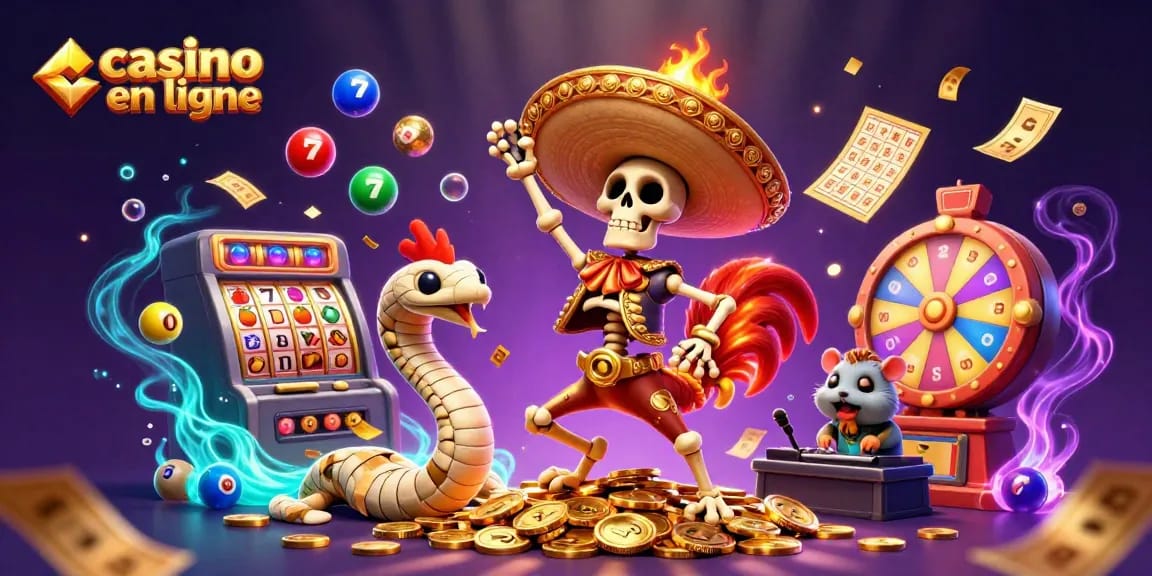 Un carnaval vibrant de casino en ligne, avec un rooster mariachi dansant sur des pièces d'or et des machines à sous.