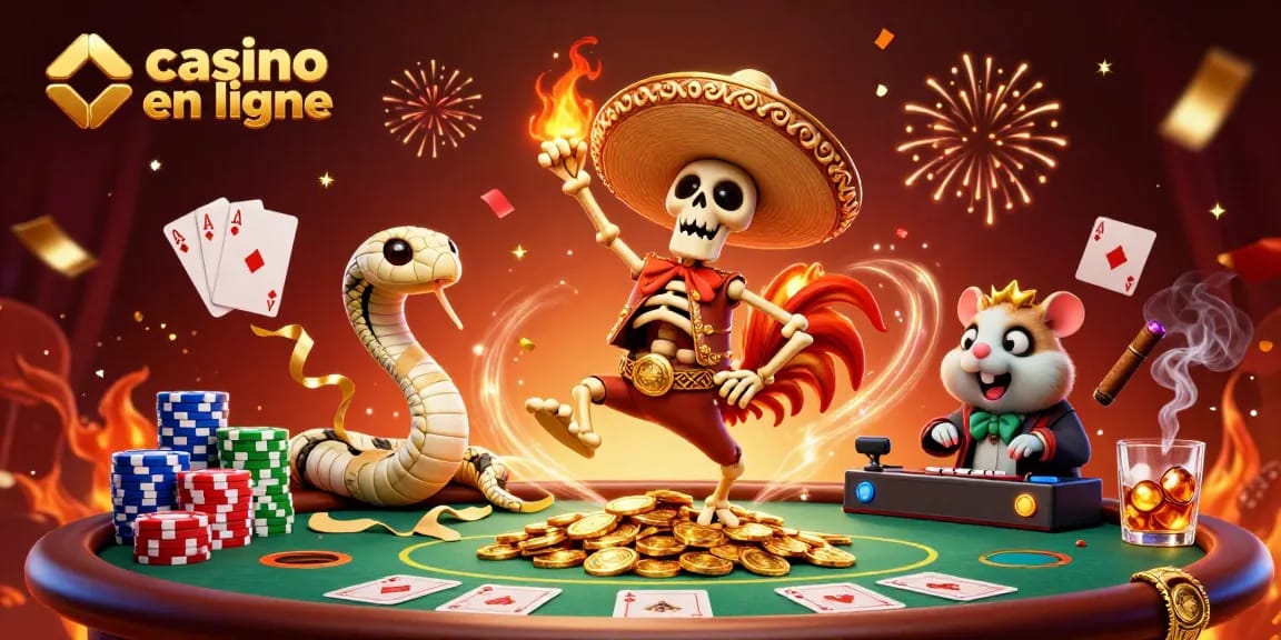 Casino en ligne : illustration dynamique avec un zombie DJ, un coq mariachi, et une serpente dans un casino animé.