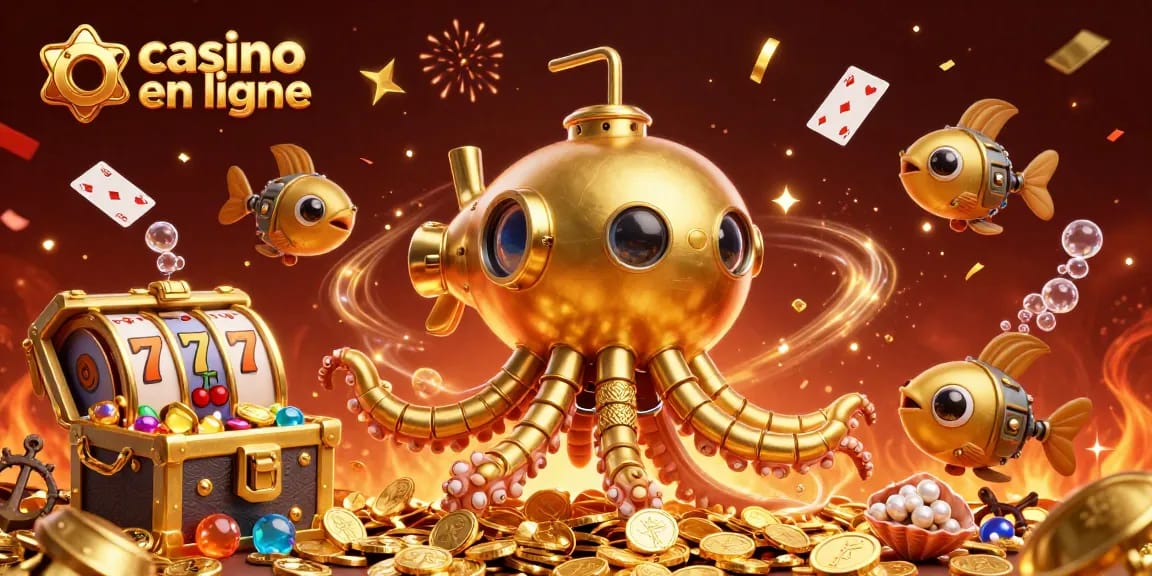 Profitez du casino en ligne avec des cartes flottantes et un kraken émergent des pièces d'or.