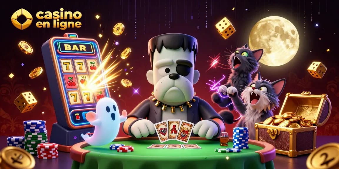 Le casino en ligne propose une illustration captivante avec un chien bulldog Frankenstein distribuant des cartes, entouré de jeux de casino.