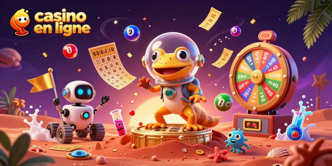 Plongez dans l'univers du casino en ligne avec un gecko martien explorant un casino doré sur Mars.
