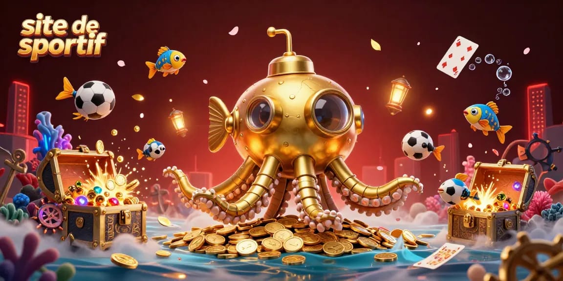 Pariez sur le site de paris sportif avec une scène immersive illustrant un kraken et des éléments de jeu sous-marins.