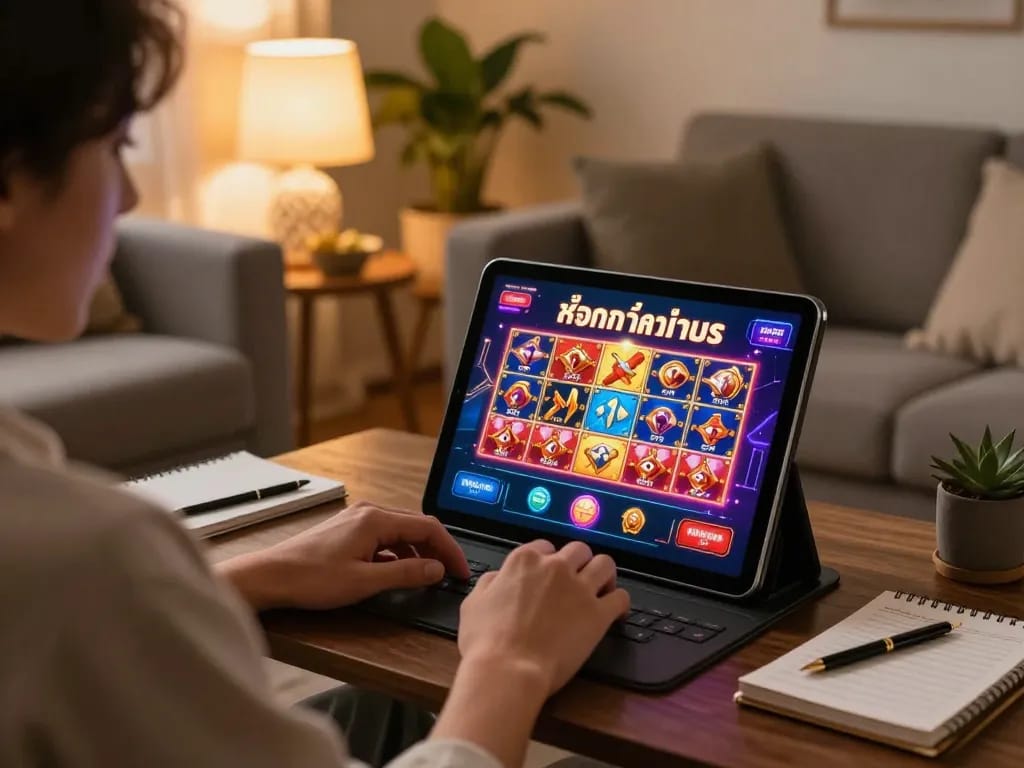 Experience สล็อตทดลอง on a tablet as a player engages in online gambling with strategic notes in a cozy setting.