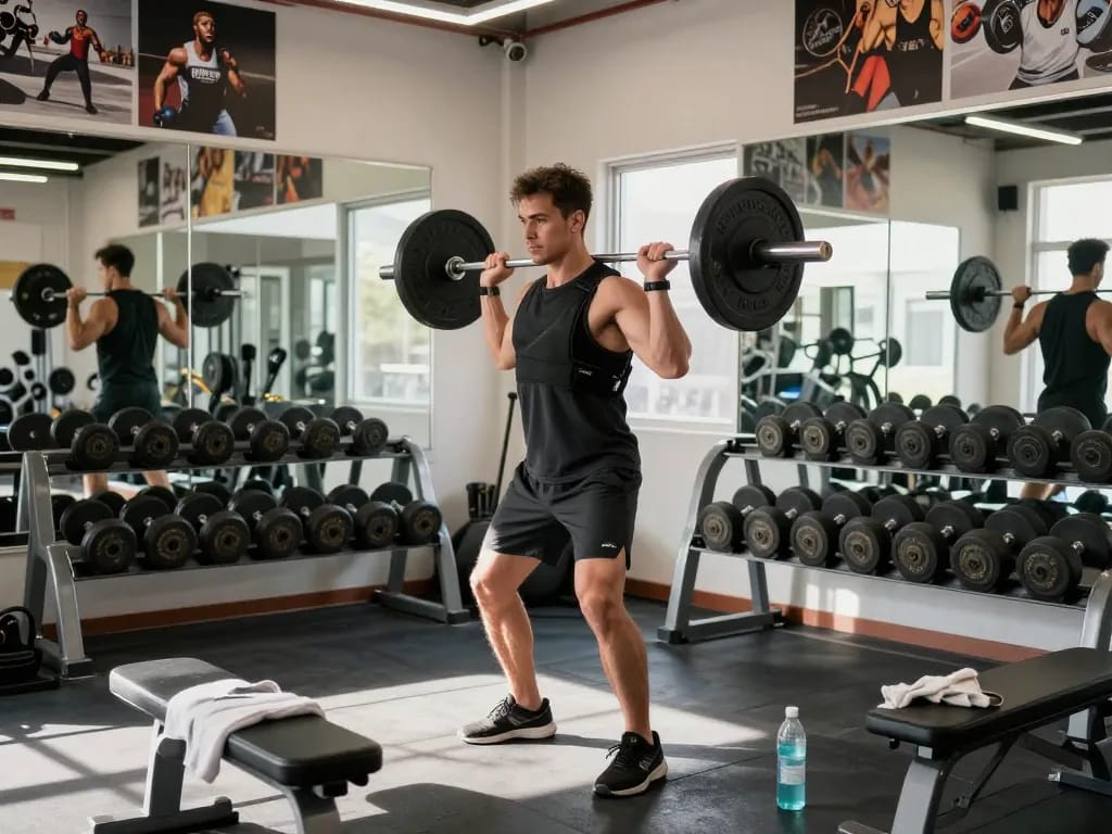 Man lifting weights with a shoulder brace for weightlifting in a modern gym setting.