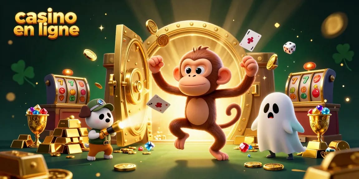 Illustration 3D animée d'un casino en ligne avec un singe poltergeist et un chiot chasseur