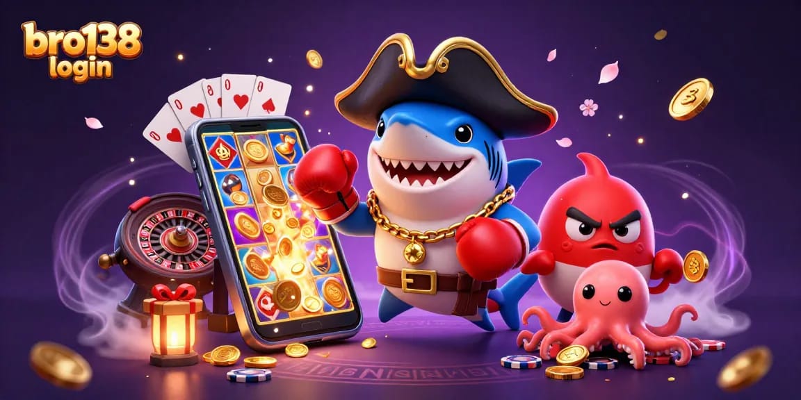 Engage in thrilling gameplay with bro138 login, featuring a pirate shark, pufferfish, and octopus amidst vibrant casino items.