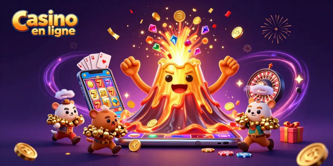 Illustration dynamique de casino en ligne avec un volcan doré et des animaux explorateurs fuyant des trésors.