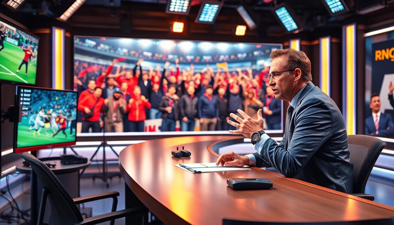 Engaging sports broadcasting scene showcasing an analyst presenting live sports highlights.