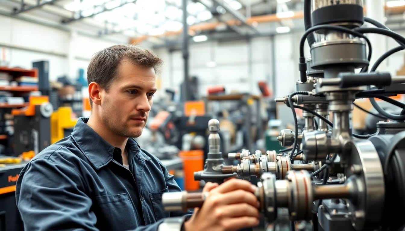 Engineer analyzing fluid power systems, emphasizing hydraulic components and machinery detail.
