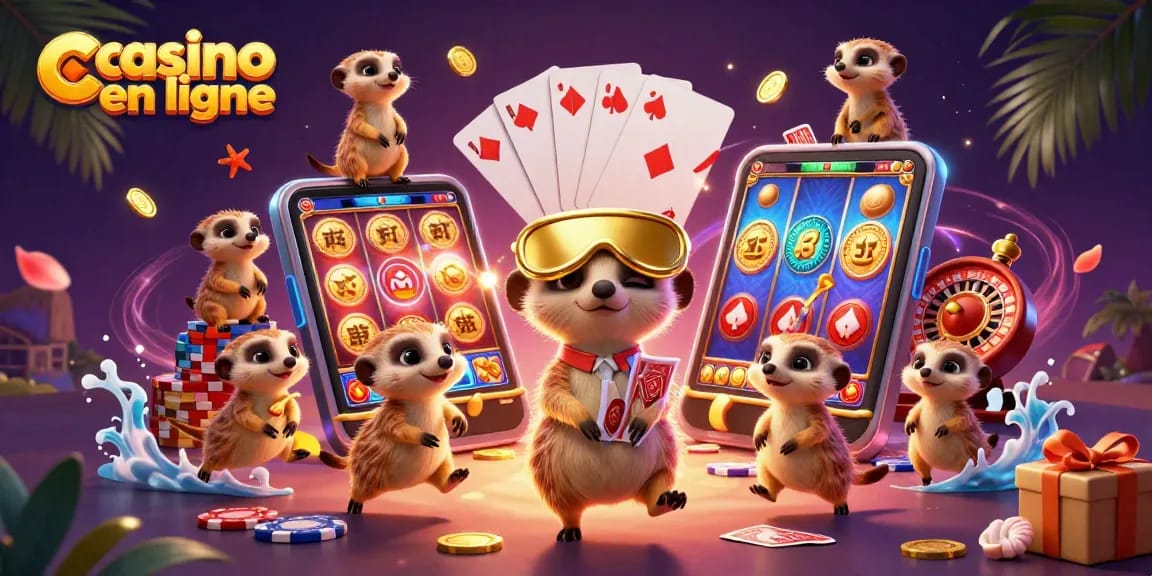 Célébrez vos gains au casino en ligne avec des meerkats gérant un casino coloré et dynamique.