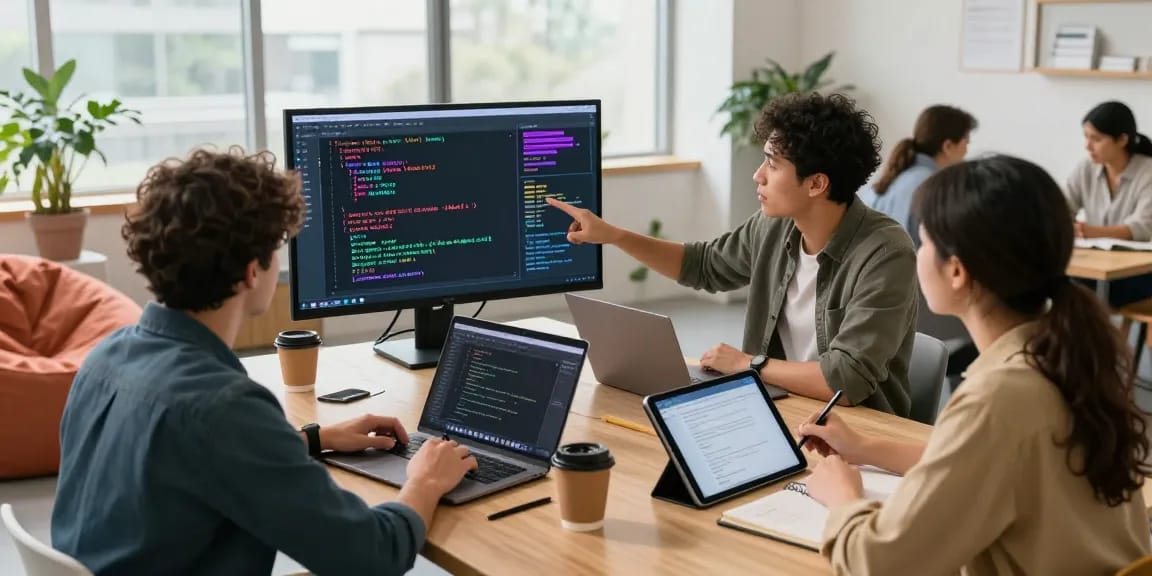 Developers collaborating in a modern workspace with vibrant coding screens showcasing telegram官网 features and innovations.