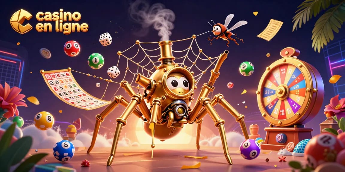 Illustration dynamique d'un casino en ligne avec des personnages et éléments de jeu captivants.